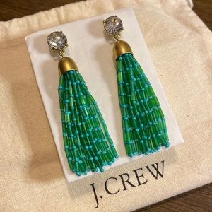 J Crew Mixed Beaded Green Tassel Earrings